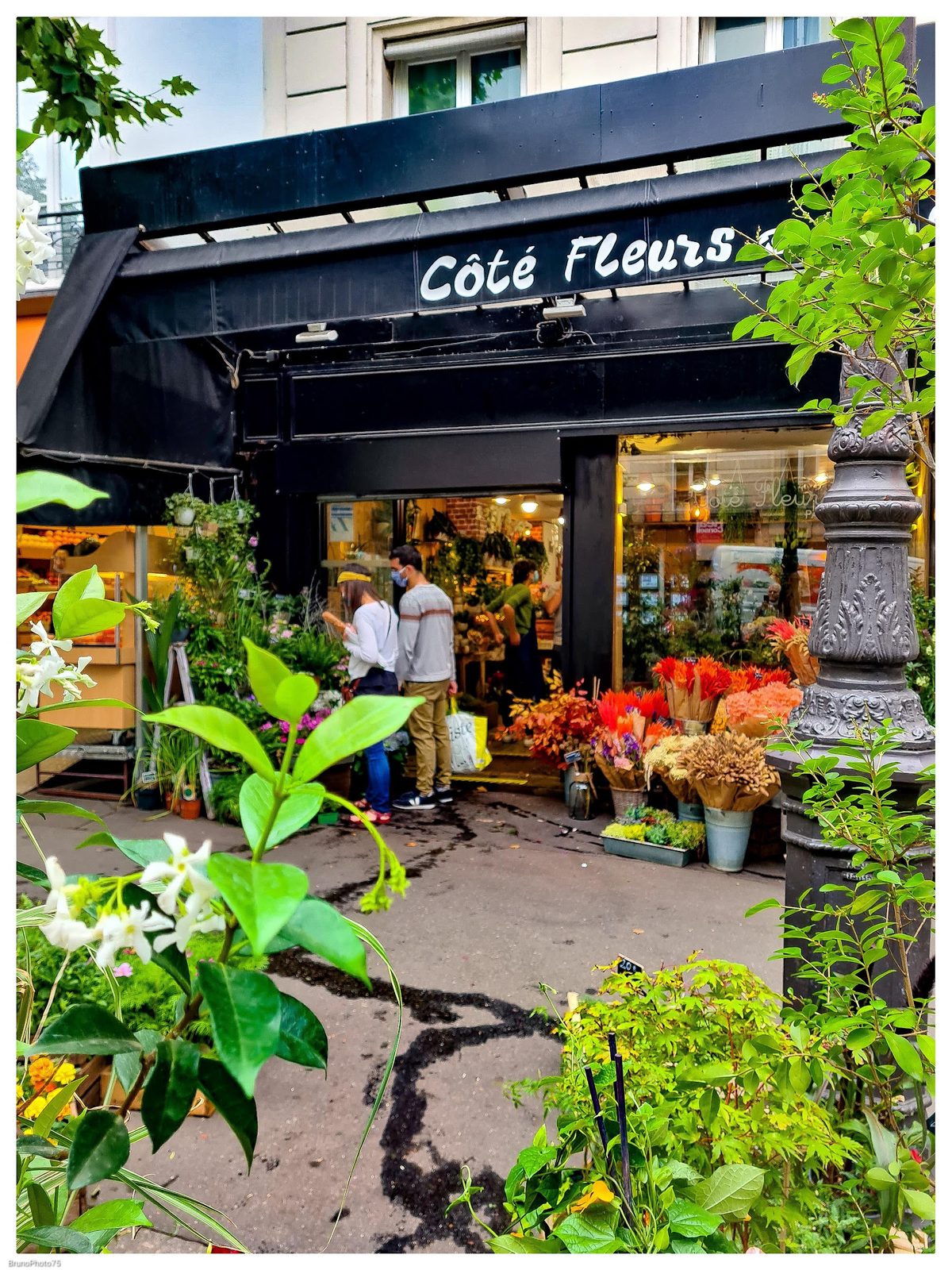 La boutique sous son store « Côté Fleurs », fleurs séchées et plantes devant l’entrée